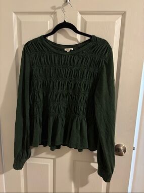Pilcro Dark Green Smocked Peplum Long-Sleeve Top